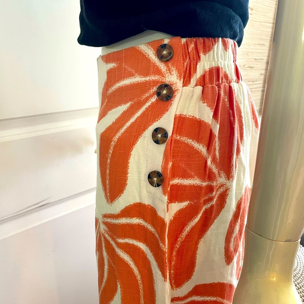 Orange and White Leaf Print Women's Linen Blend Pants - Picture 4 of 9